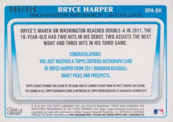 2011 Bowman Draft Picks & Prospects - Bryce Harper Green Border Autograph #BPA-BH Bryce Harper Back