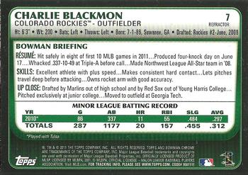 2011 Bowman Draft Picks & Prospects - Chrome Refractors #7 Charlie Blackmon Back