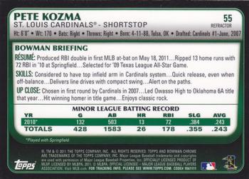 2011 Bowman Draft Picks & Prospects - Chrome Refractors #55 Pete Kozma Back