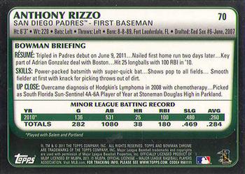 2011 Bowman Draft Picks & Prospects - Chrome #70 Anthony Rizzo Back