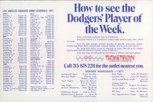 1971 Ticketron Los Angeles Dodgers #2 Walt Alston Back