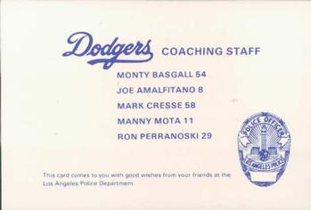 1983 Los Angeles Dodgers Police #NNO Coaches Staff ( Ron Perranoski / Monty Basgall / Joe Amalfitano / Mark Cresse / Manny Mota ) Back