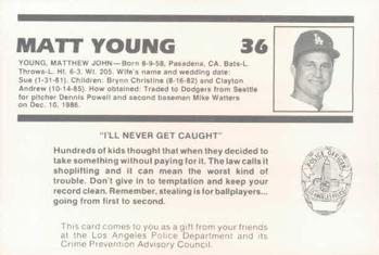 1987 Los Angeles Dodgers Police #28 Matt Young Back
