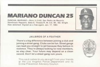 1987 Los Angeles Dodgers Police #3 Mariano Duncan Back
