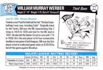 1998 Philadelphia Athletics Historical Society Fan Favorites #41 Bill Werber Back