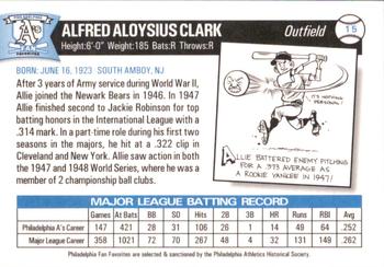 1998 Philadelphia Athletics Historical Society Fan Favorites #15 Allie Clark Back