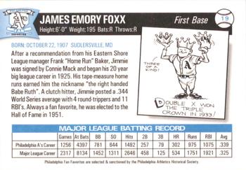 1998 Philadelphia Athletics Historical Society Fan Favorites #19 Jimmie Foxx Back