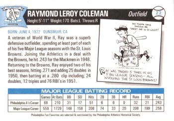 1998 Philadelphia Athletics Historical Society Fan Favorites #22 Ray Coleman Back