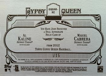 2012 Topps Gypsy Queen - Dual Relic Autographs #GQDAR-KC Al Kaline / Miguel Cabrera Back