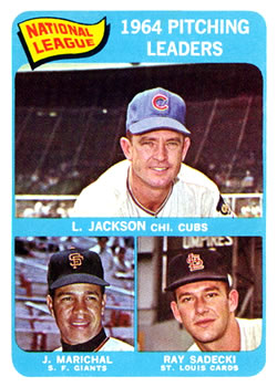 1965 Topps #10 National League 1964 Pitching Leaders (Larry Jackson / Juan Marichal / Ray Sadecki) Front