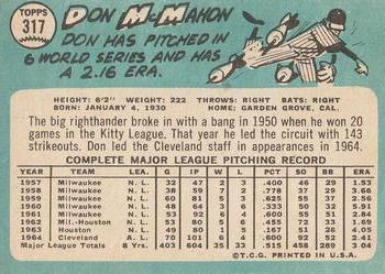 1965 Topps #317 Don McMahon Back