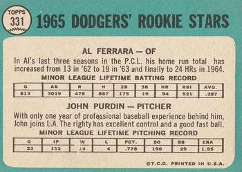 1965 Topps #331 Dodgers 1965 Rookie Stars (Al Ferrara / John Purdin) Back