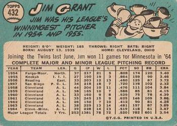 1965 Topps #432 Jim Grant Back