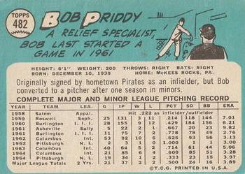 1965 Topps #482 Bob Priddy Back