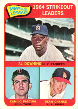 1965 Topps #11 American League 1964 Strikeout Leaders (Al Downing / Camilo Pascual / Dean Chance) Front