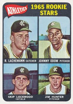 1965 Topps #526 Athletics 1965 Rookie Stars (Rene Lachemann / Johnny Odom / Skip Lockwood / Jim Hunter) Front
