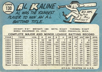 1965 Topps #130 Al Kaline Back