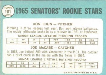 1965 Topps #181 Senators 1965 Rookie Stars (Don Loun / Joe McCabe) Back