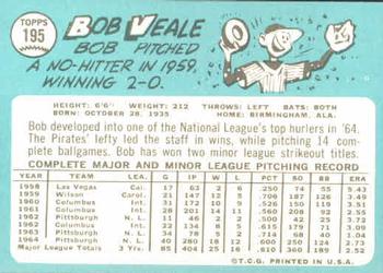 1965 Topps #195 Bob Veale Back