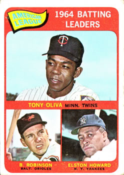 1965 Topps #1 American League 1964 Batting Leaders (Tony Oliva / Brooks Robinson / Elston Howard) Front