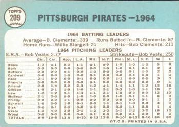 1965 Topps #209 Pittsburgh Pirates Back