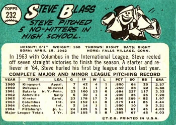 1965 Topps #232 Steve Blass Back