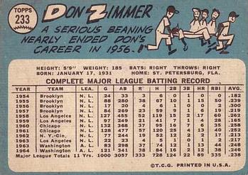 1965 Topps #233 Don Zimmer Back