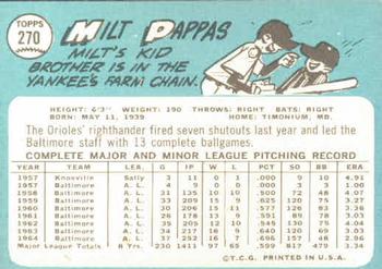 1965 Topps #270 Milt Pappas Back