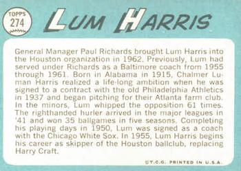 1965 Topps #274 Lum Harris Back