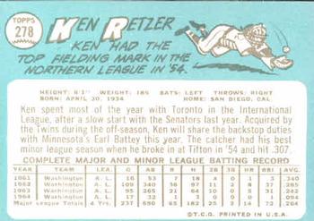 1965 Topps #278 Ken Retzer Back