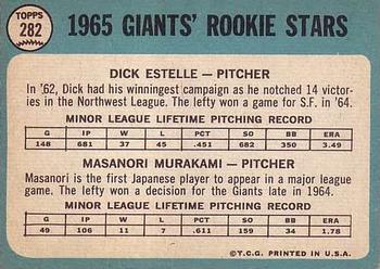 1965 Topps #282 Giants 1965 Rookie Stars (Dick Estelle / Masanori Murakami) Back
