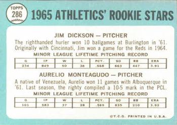 1965 Topps #286 Athletics 1965 Rookie Stars (Jim Dickson / Aurelio Monteagudo) Back
