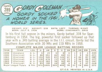 1965 Topps #289 Gordy Coleman Back