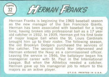 1965 Topps #32 Herman Franks Back