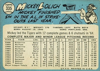 1965 Topps #335 Mickey Lolich Back