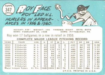 1965 Topps #347 Roy Face Back