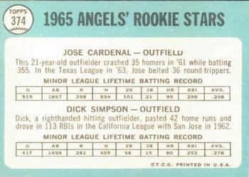 1965 Topps #374 Angels 1965 Rookie Stars (Jose Cardenal / Dick Simpson) Back