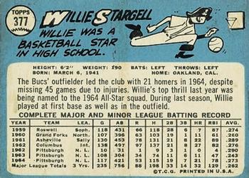 1965 Topps #377 Willie Stargell Back