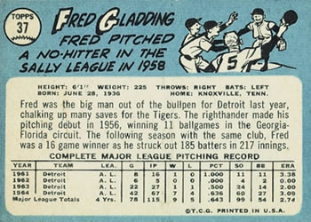 1965 Topps #37 Fred Gladding Back