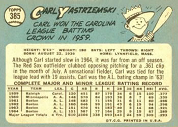 1965 Topps #385 Carl Yastrzemski Back
