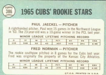 1965 Topps #386 Cubs 1965 Rookie Stars (Paul Jaeckel / Fred Norman) Back