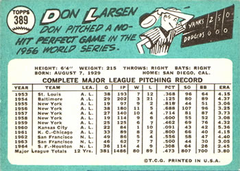 1965 Topps #389 Don Larsen Back
