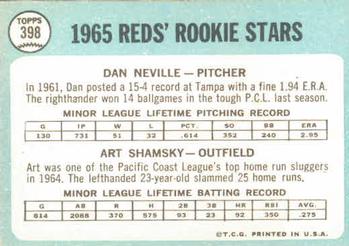 1965 Topps #398 Reds 1965 Rookie Stars (Dan Neville / Art Shamsky) Back