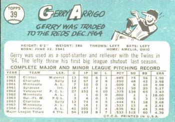 1965 Topps #39 Gerry Arrigo Back