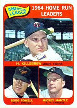 1965 Topps #3 American League 1964 Home Run Leaders (Harmon Killebrew / Boog Powell / Mickey Mantle) Front