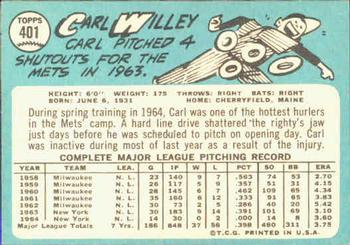 1965 Topps #401 Carl Willey Back