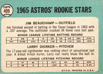 1965 Topps #409 Astros 1965 Rookie Stars (Jim Beauchamp / Larry Dierker) Back