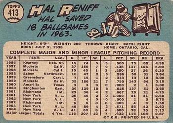 1965 Topps #413 Hal Reniff Back