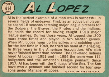 1965 Topps #414 Al Lopez Back