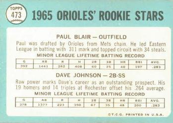1965 Topps #473 Orioles 1965 Rookie Stars (Paul Blair / Dave Johnson) Back